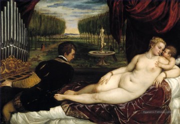 Vénus avec Organiste et Cupidon Nu Tiziano Titien Peinture à l'huile